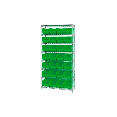 Global Industrial Chrome Wire Shelving w/ 28 Stacking Green Bins, 36inW x 14inD x 74inH, Gray 268928GN